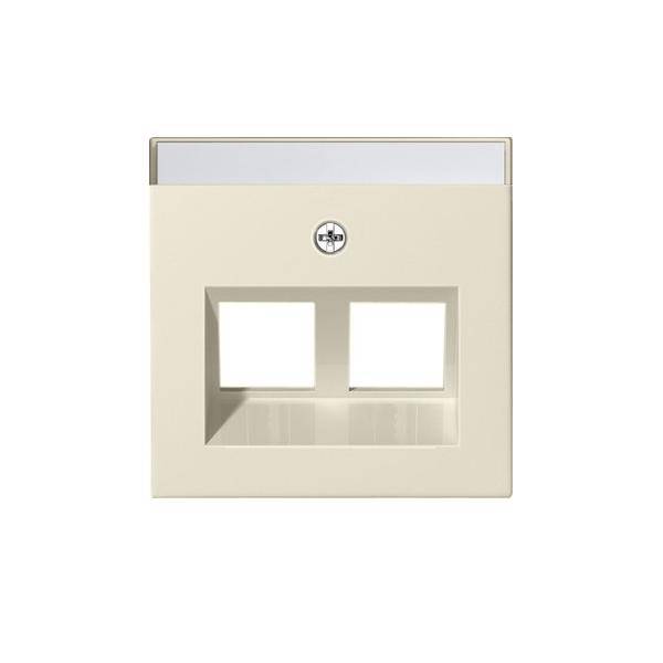 Eine beige Plastik-Wandsteckdose mit zwei rechteckigen Öffnungen, vor einem weißen Hintergrund.