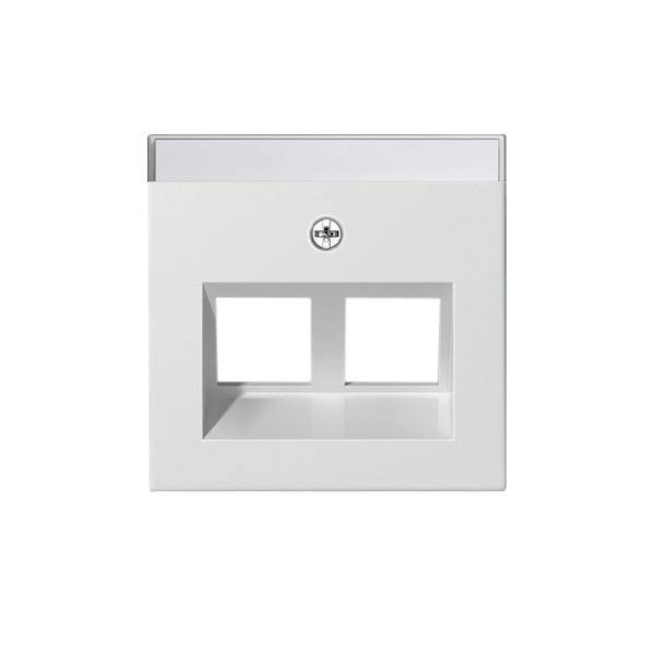 Eine weiße Steckdosenabdeckung mit zwei rechteckigen Öffnungen, geeignet für Netzwerkkabelanschlüsse, mit einem kleinen runden Emblem in der oberen Mitte.