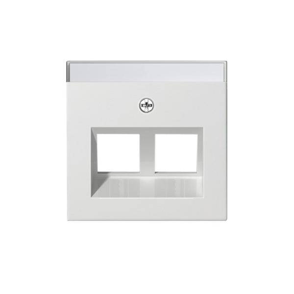 Eine weiße Wandplatte mit zwei quadratischen Öffnungen und einem zentralen Schraubenloch zur Befestigung, konzipiert für modulare Verbindungen in elektrischen Installationen.
