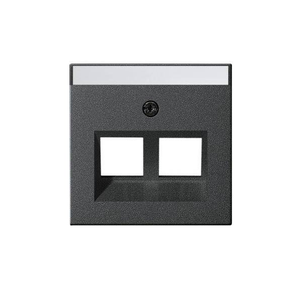 Eine rechteckige, schwarze Wandplatte mit zwei quadratischen Öffnungen und einer zentralen Befestigungsschraube.