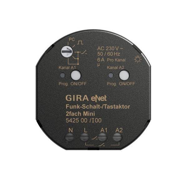 GIRA eNet Funkschaltaktor, 2-Kanal-Mini-Design, Modell 5425 00/100. Zu den Funktionen gehören Programmiertasten und EIN/AUS-Anzeigen.