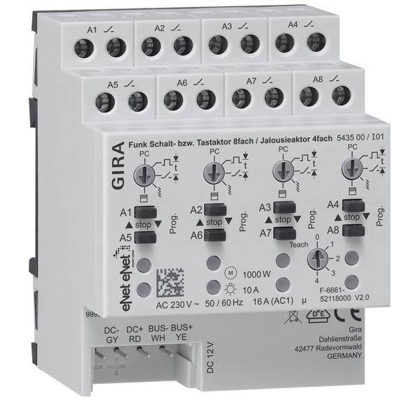 GIRA elektronisches Gerät mit mehreren beschrifteten Tasten und Anschlüssen, verwendet zur Steuerung von Schaltern oder Jalousien, Modellinformationen auf der Vorderseite.