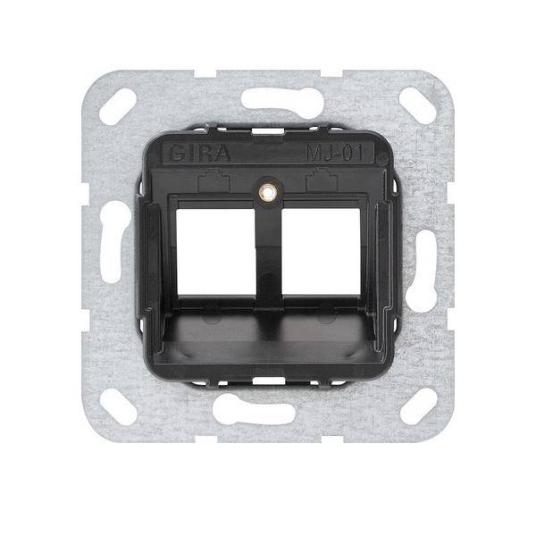 Elektrische Wandsteckdosenblende mit zwei Anschlüssen, Metallrückwand, beschriftet mit 'GIRA MJ-01'.