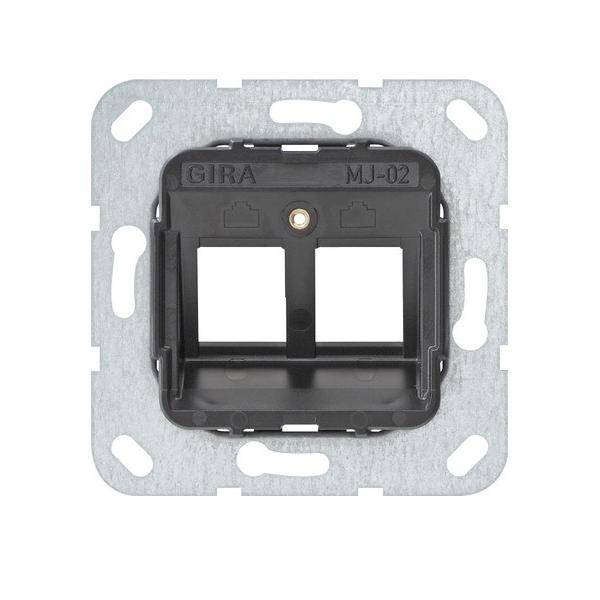 Ein quadratischer Metallmontagerahmen mit zwei rechteckigen Öffnungen für elektrische Komponenten. Oben ist er mit 'GIRA MJ-02' beschriftet.
