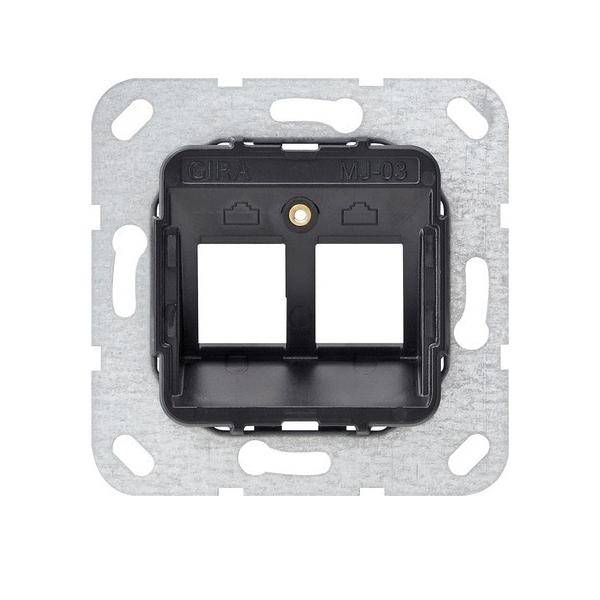 Eine Wandplatte aus Metall und Kunststoff mit zwei rechteckigen Öffnungen, konzipiert für die Montage von elektrischen Komponenten wie Schaltern oder Steckdosen.