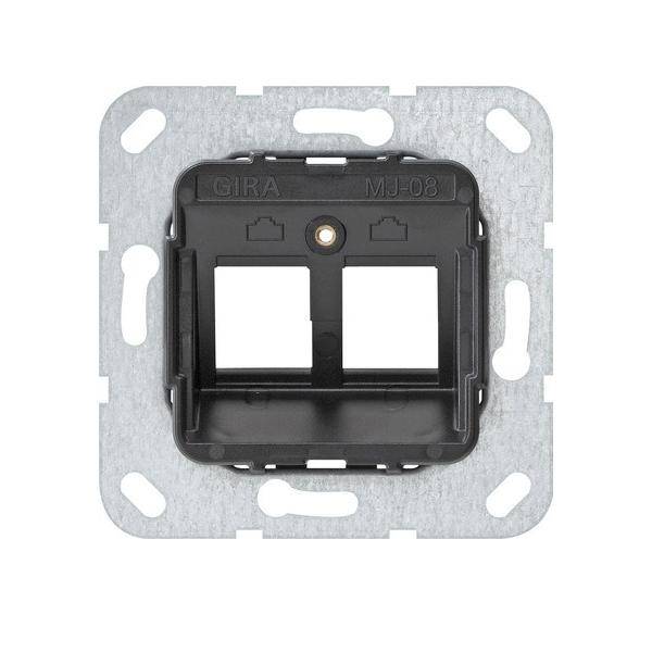 Gira MJ-08 Rahmen mit zwei Öffnungen für eine Wandsteckdose oder einen Schalter, montiert auf einer quadratischen Metallplatte mit abgerundeten Ecken und Befestigungslöchern.