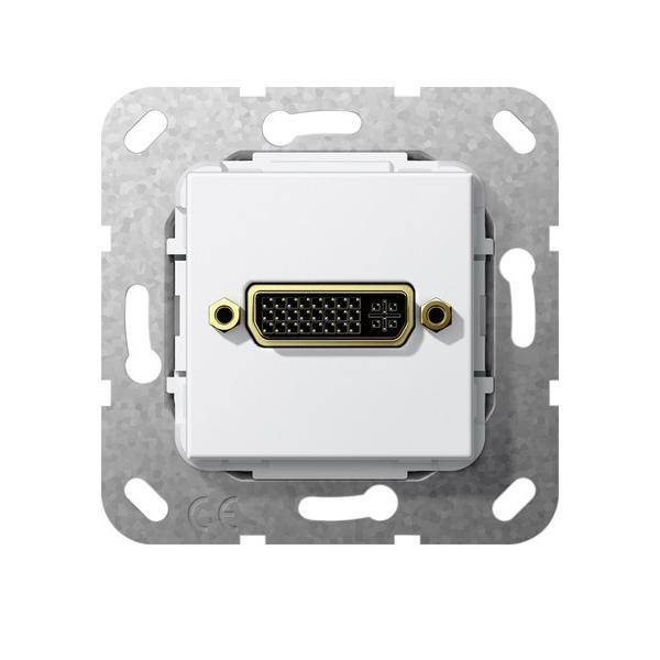 Ein quadratischer Metallmontagehalter mit einer DVI-Buchse in der Mitte, vorgesehen für die Wandmontage und zum Anschluss von Geräten.