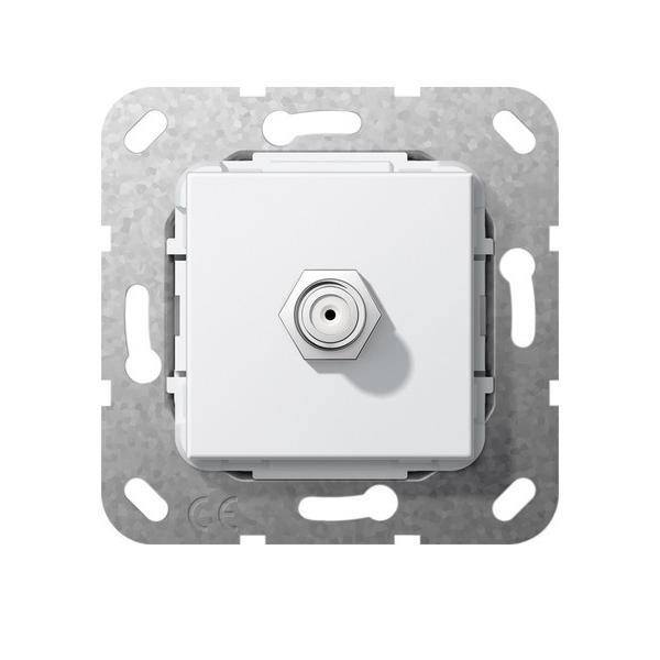 Eine weiße elektrische Wandsteckdose mit einem einzelnen koaxialen Kabelanschluss, montiert auf einer quadratischen Metallplatte.