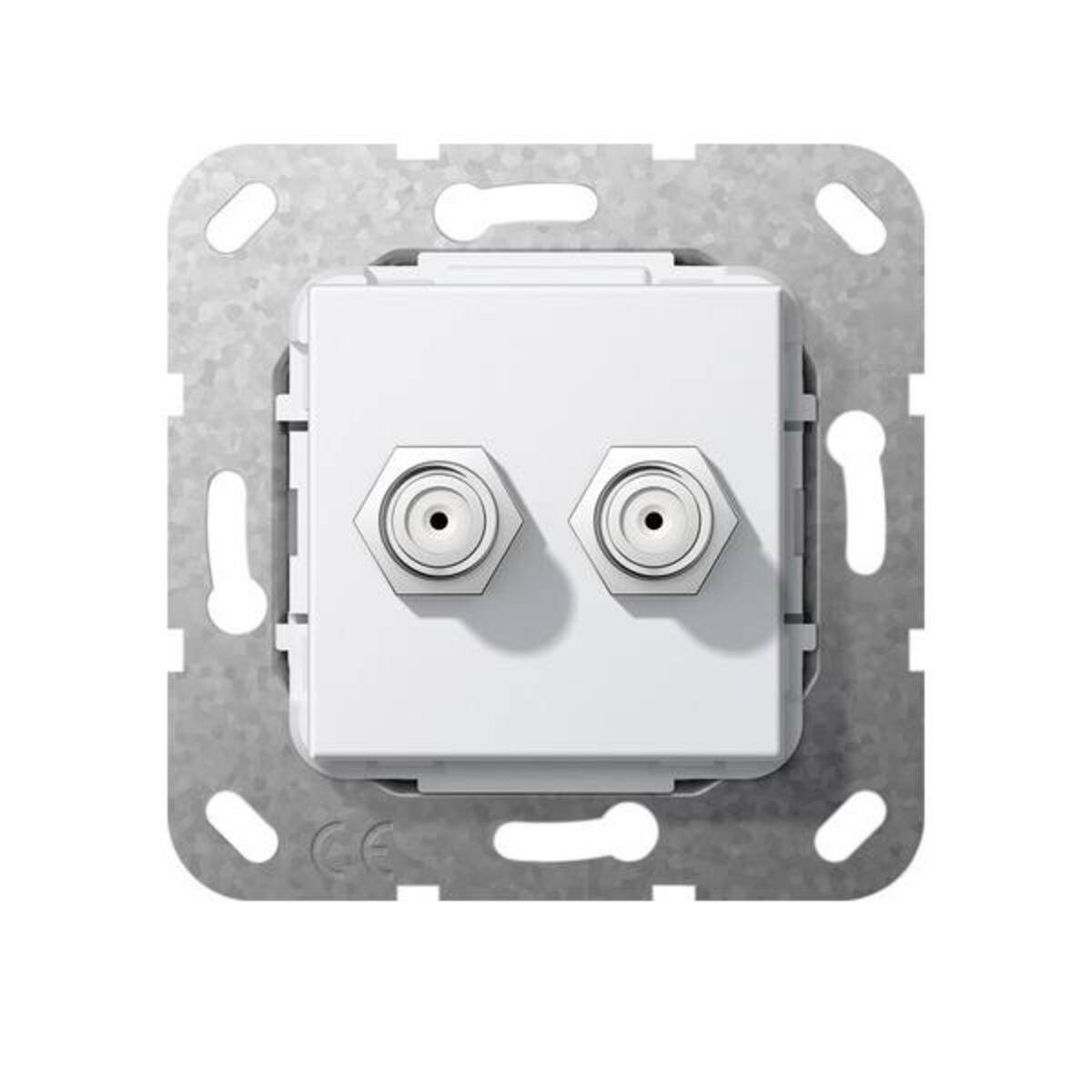 Weiße Wandsteckdose oder Koaxialbuchse mit zwei runden Steckern, die auf einer Metallmontageplatte angebracht sind.