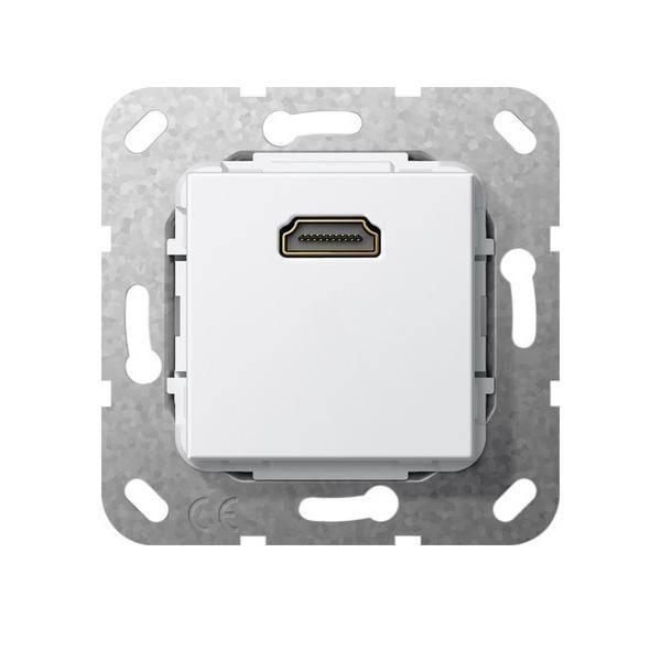 Eine wandmontierte HDMI-Anschlussblende mit quadratischer weißer Abdeckung und einem einzelnen HDMI-Anschluss, eingesetzt in einem Metallrahmen zur Installation.