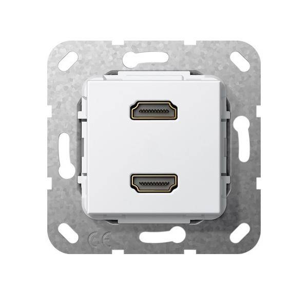 Wandmontierte HDMI-Buchse mit zwei HDMI-Anschlüssen, eingebettet in einen quadratischen Metallrahmen.