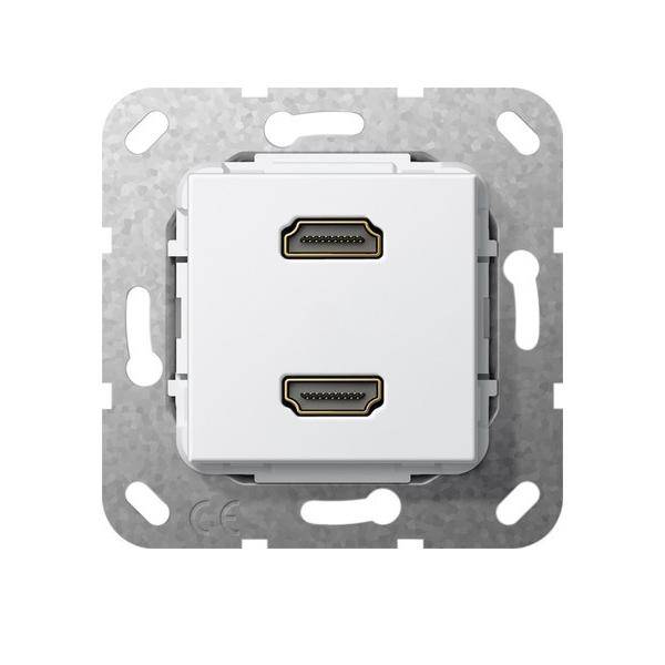 Doppelte HDMI-Wandsteckdose mit einer Metallmontageplatine, entwickelt für einfache Anschlüsse von HDMI-Kabeln an Wandgeräte.