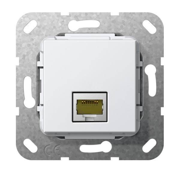 Eine quadratische Ethernet-Wandsteckdose mit einem Metallrahmen, mit einem zentralen Anschluss für Netzwerkkabel. Keine sichtbaren Markennamen oder Beschriftungen.