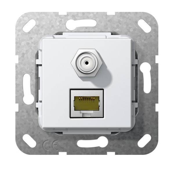 Eine Wandplatte mit einem Koaxialkabelanschluss und einem Ethernet-Port, montiert auf einem Metallrahmen.