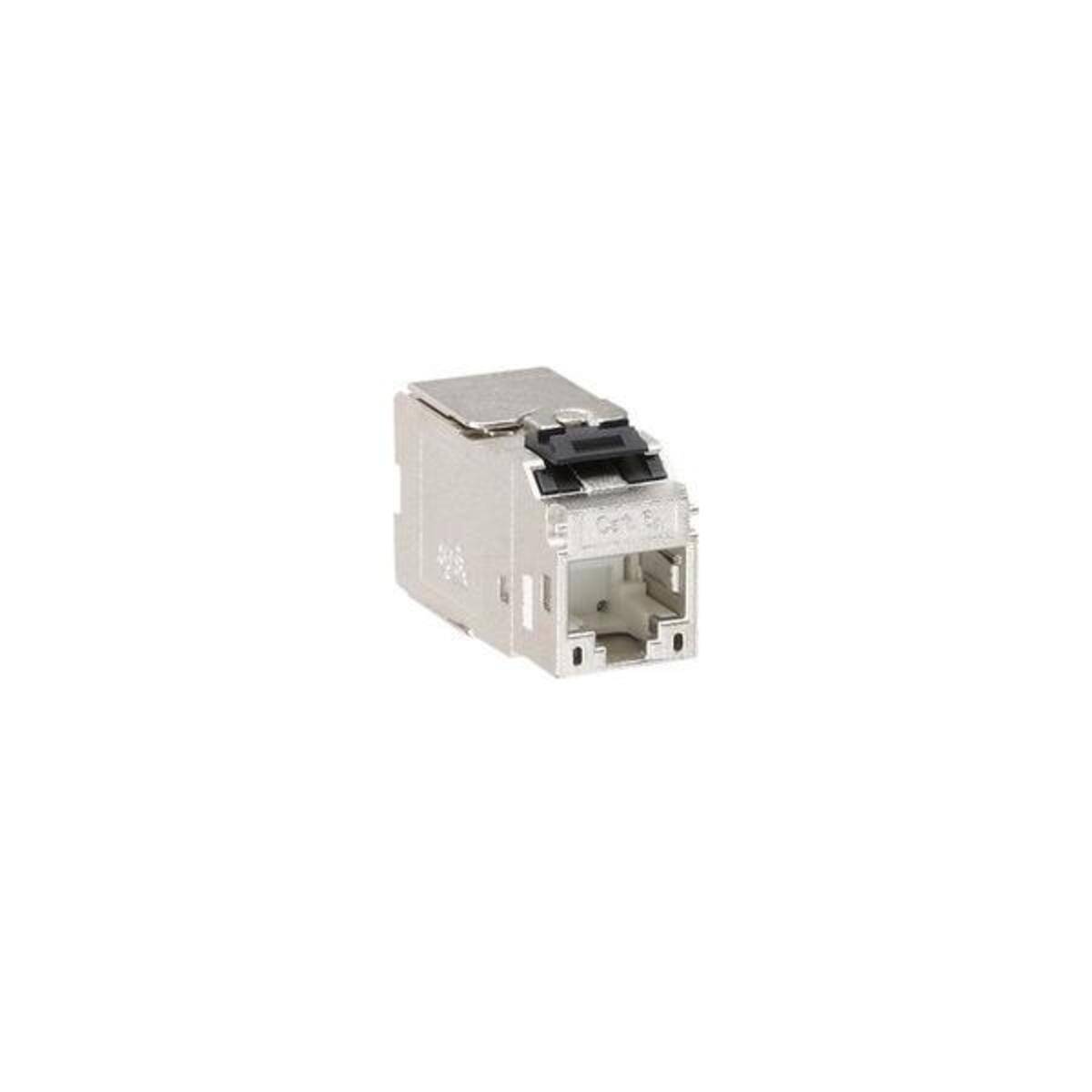 Kleine metallische Ethernet-Buchse mit einer vorderen Anschlussöffnung und Befestigungsclip auf weißem Hintergrund.