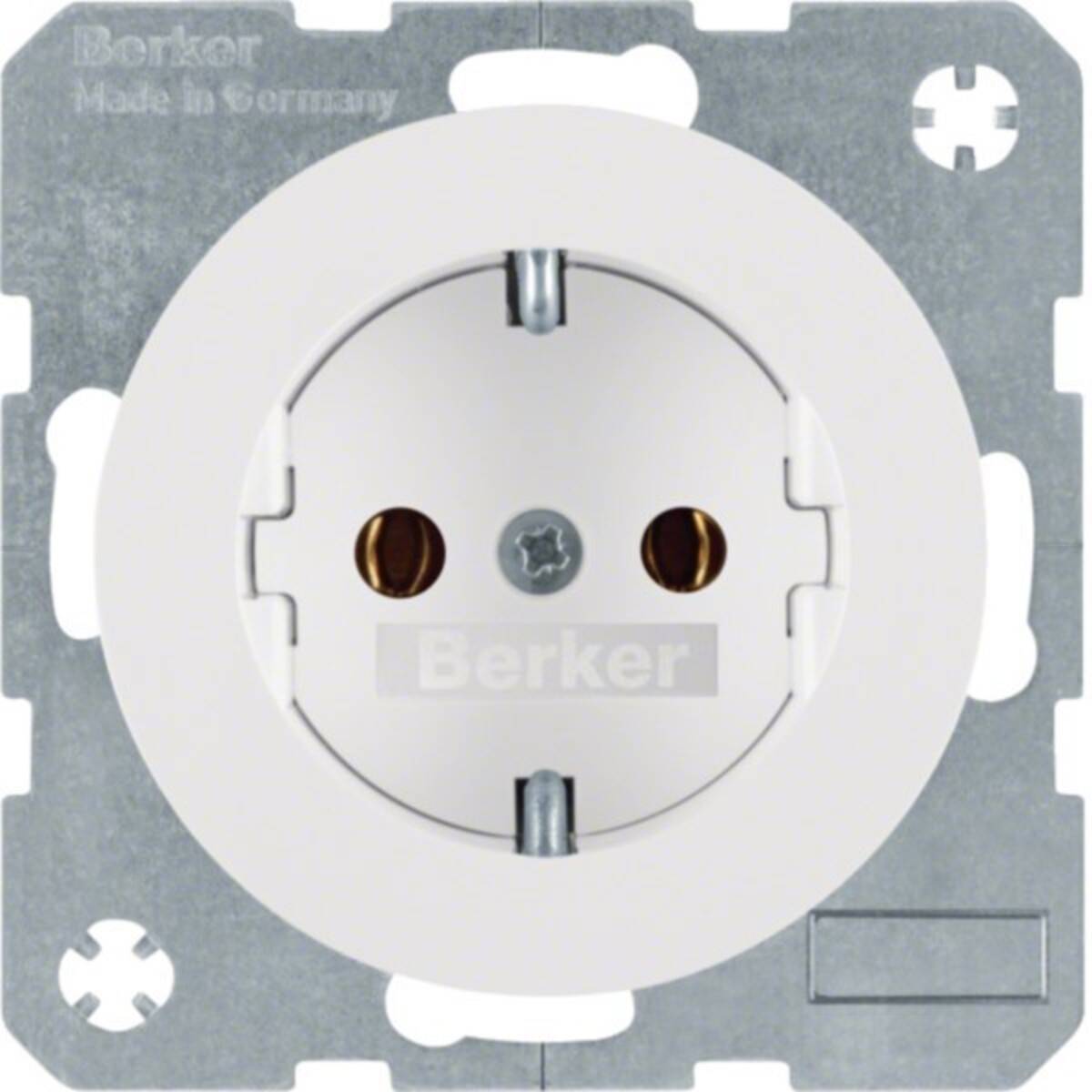 Berker Elektrosteckdose mit rundem weißem Abdeckrahmen und zwei Stiftkontakten auf einem Metall-Befestigungsrahmen.