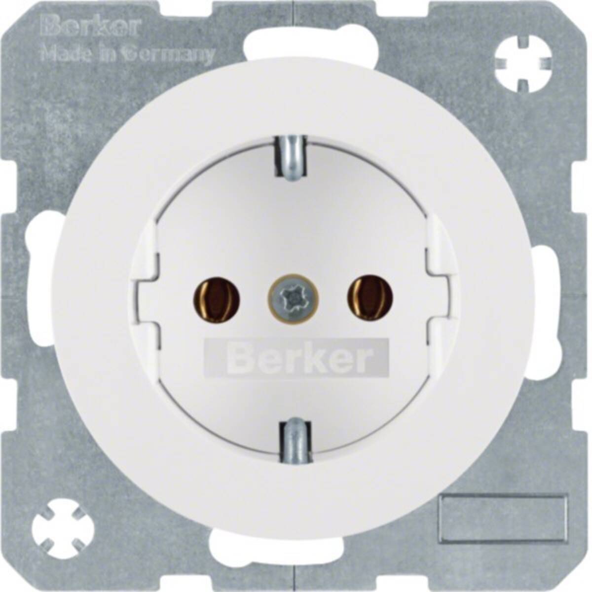 Berker Elektrosteckdose auf einem Metallmontagenrahmen, Vorderansicht.