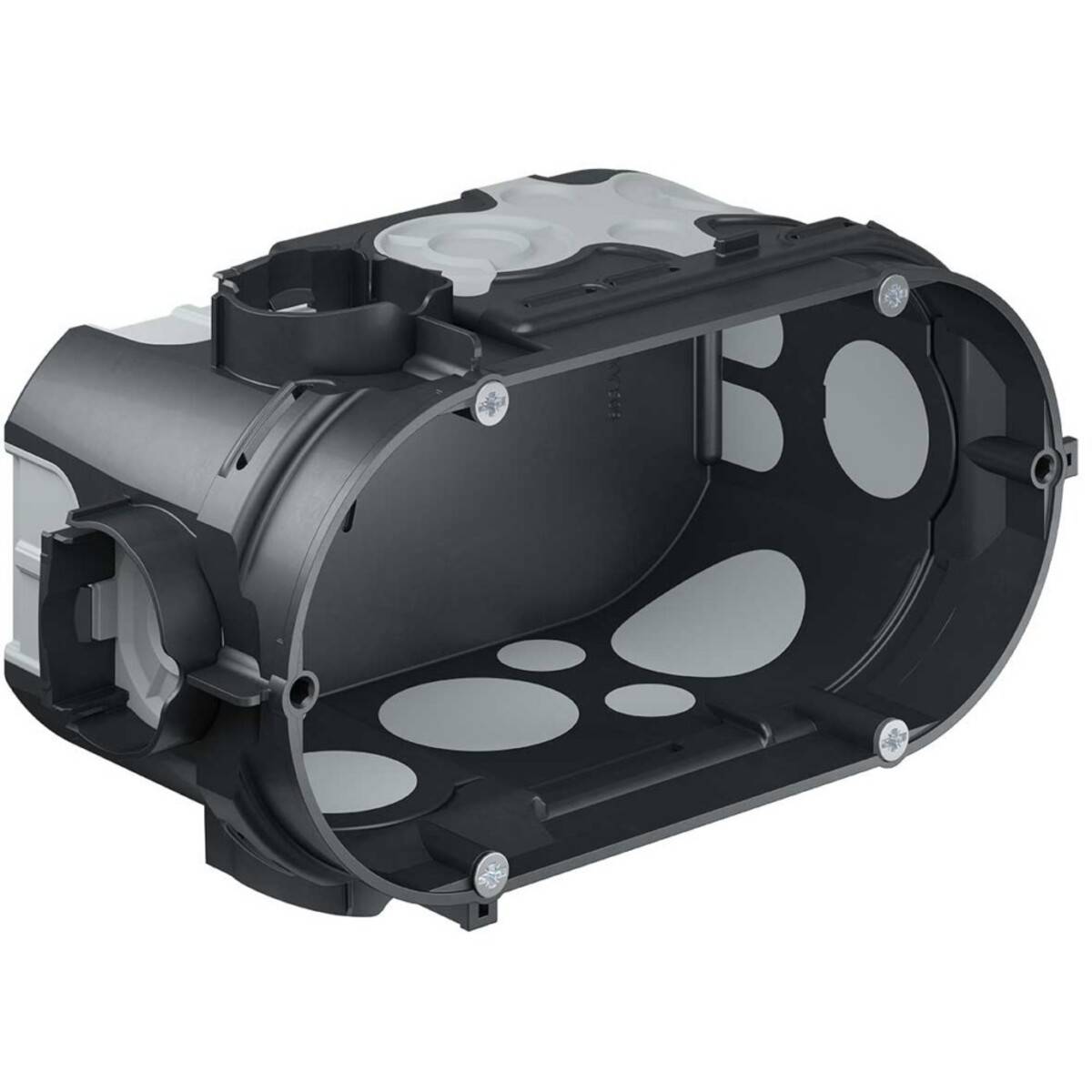 Eine oval geformte, schwarz-graue elektrische Verteilerdose mit mehreren kreisförmigen Öffnungen, aus einem Winkel betrachtet, der Innendesign-Details zeigt.