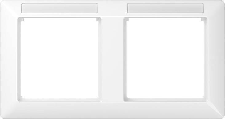 Eine schlichte weiße Doppel-Lichtschalterblende mit zwei rechteckigen Öffnungen für Schalter, vor einem weißen Hintergrund.