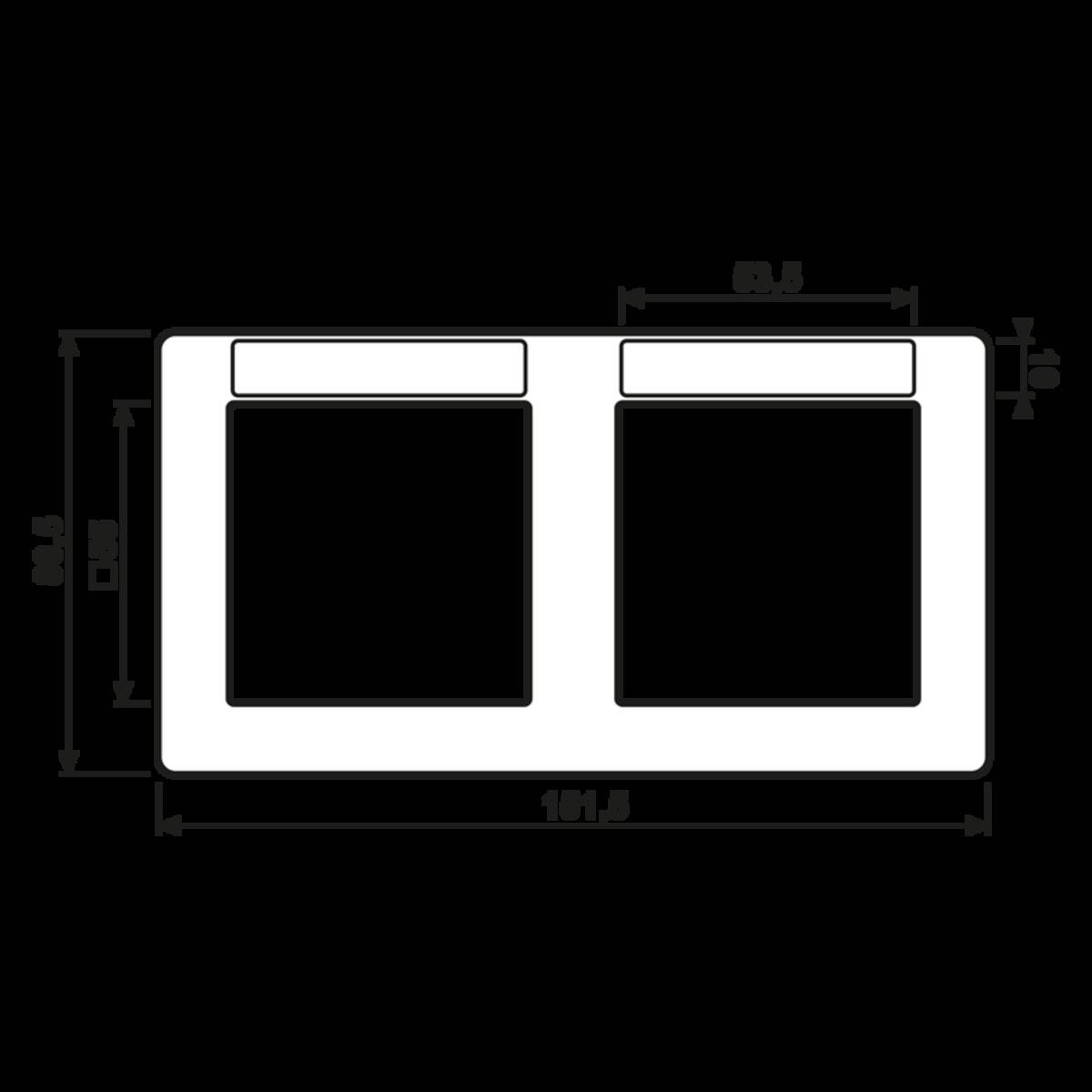 Doppelwaschbecken-Anordnung mit Draufsicht-Abmessungen: 33,5 Zoll Breite, 22 Zoll Tiefe, 3,5 Zoll Beckentiefe, 17 Zoll Beckenbreite.