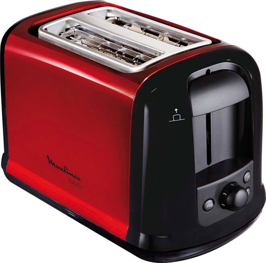 Ein rot-schwarzer Toaster mit zwei Schlitzen und einem Bedienknopf vorne, der zum Toasten von Brot verwendet wird.