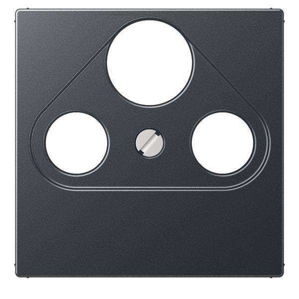 „Ein schwarzer Metalldeckel mit drei kreisförmigen Ausschnitten in dreieckiger Anordnung und einer zentralen Schraube.