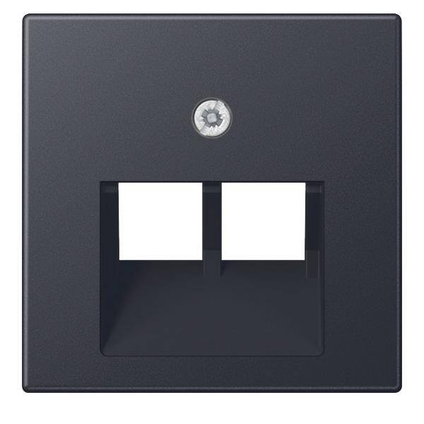 Eine schwarze Wandplatte mit einer Schraube oben und zwei rechteckigen Öffnungen für Steckdosen oder Anschlüsse.