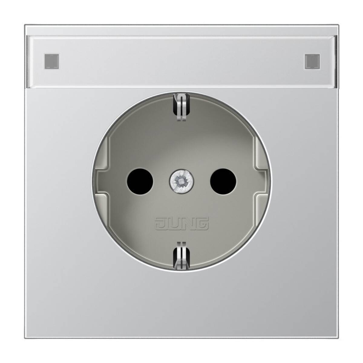 Silberfarbene Wandsteckdose mit zwei runden Löchern und einer zentralen Schraube in einer quadratischen Metallabdeckung.