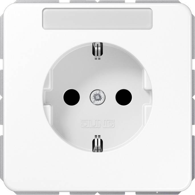 Eine weiße europäische Steckdose mit zwei runden Löchern und einem Erdungsstift, die für einen Standard-Steckeranschluss konzipiert ist.