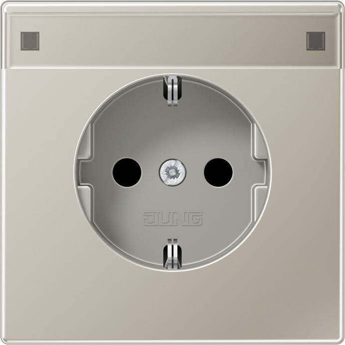 Stromsteckdose mit elegantem, modernem Design, ausgestattet mit zwei runden Steckdosen und einer Erdungsöffnung, eingebettet in einen metallischen rechteckigen Rahmen.