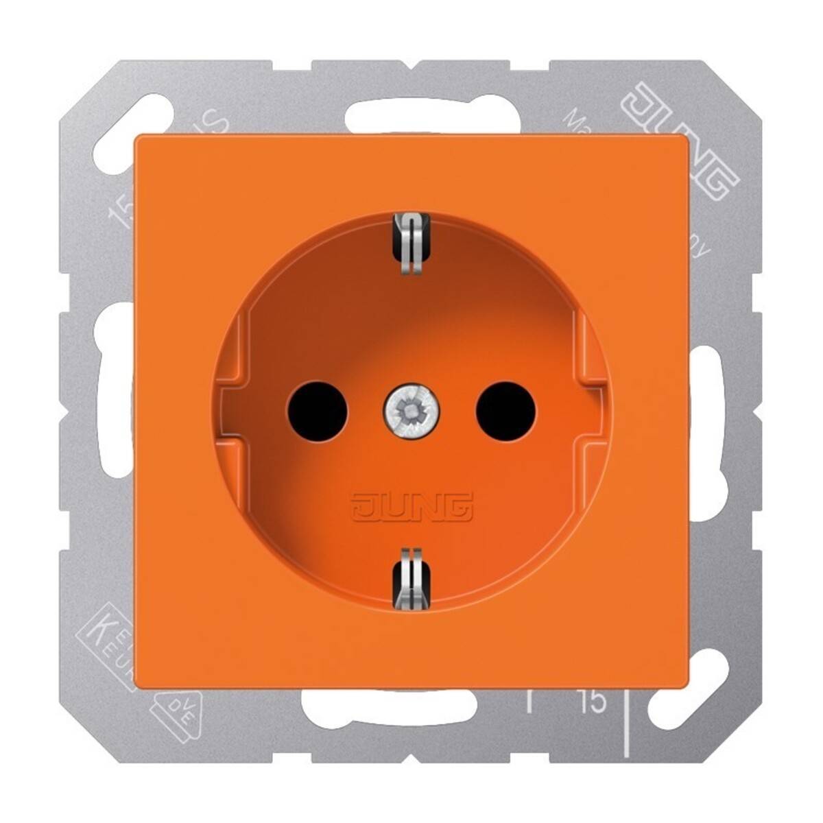 Orange Steckdose für die Wand auf einem Metallrahmen, Vorderansicht auf weißem Hintergrund.