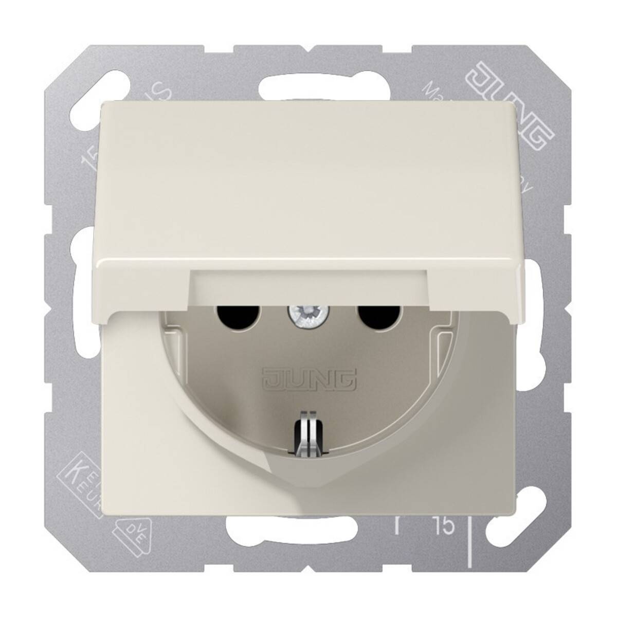 Beige Wand-Elektrosteckdose mit Schutzabdeckung, montiert in einem Metallinstallationsrahmen.