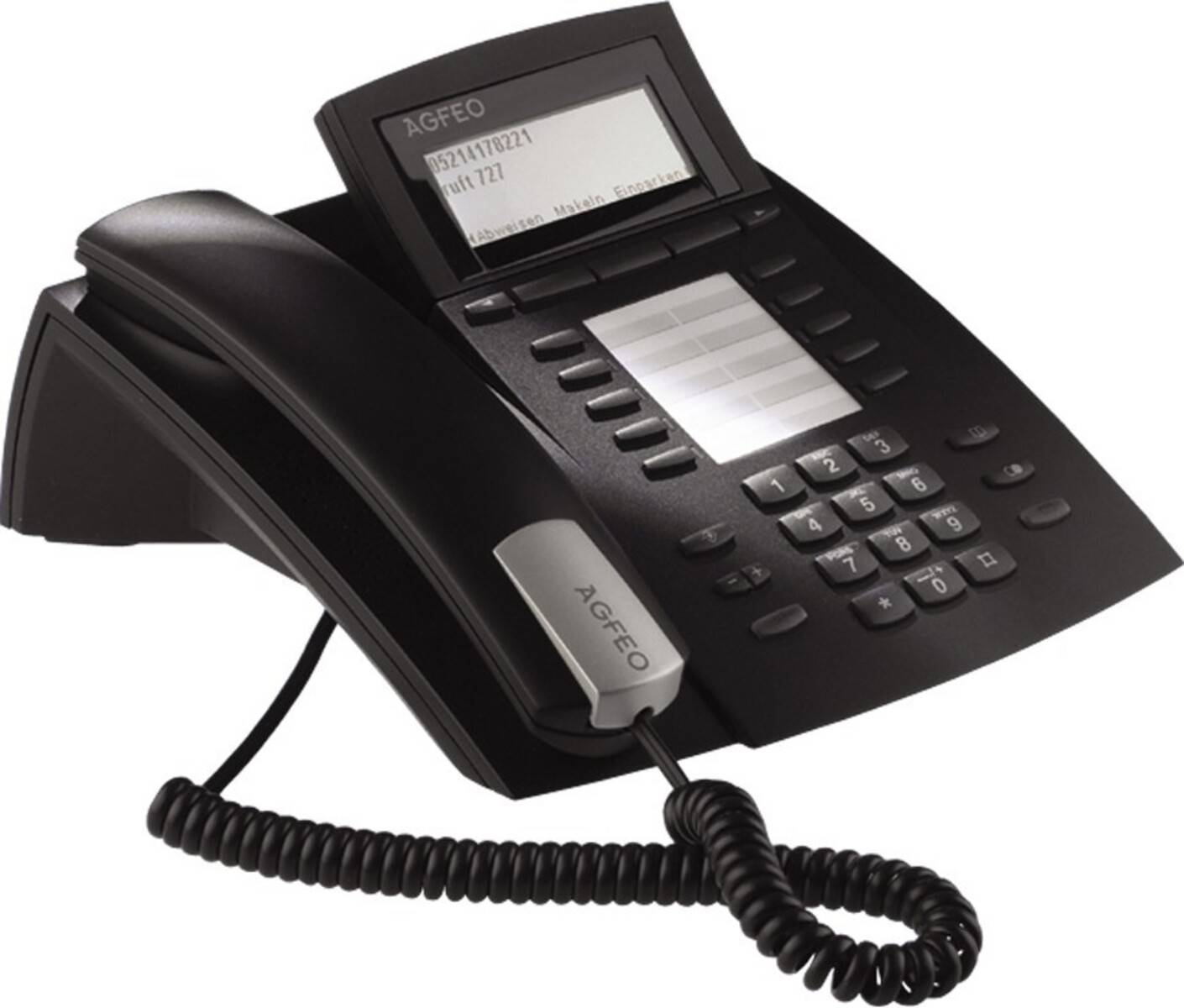 Schwarzes Bürotischtelefon mit Hörer, Zahlentastatur, Display und Spiralkabel.