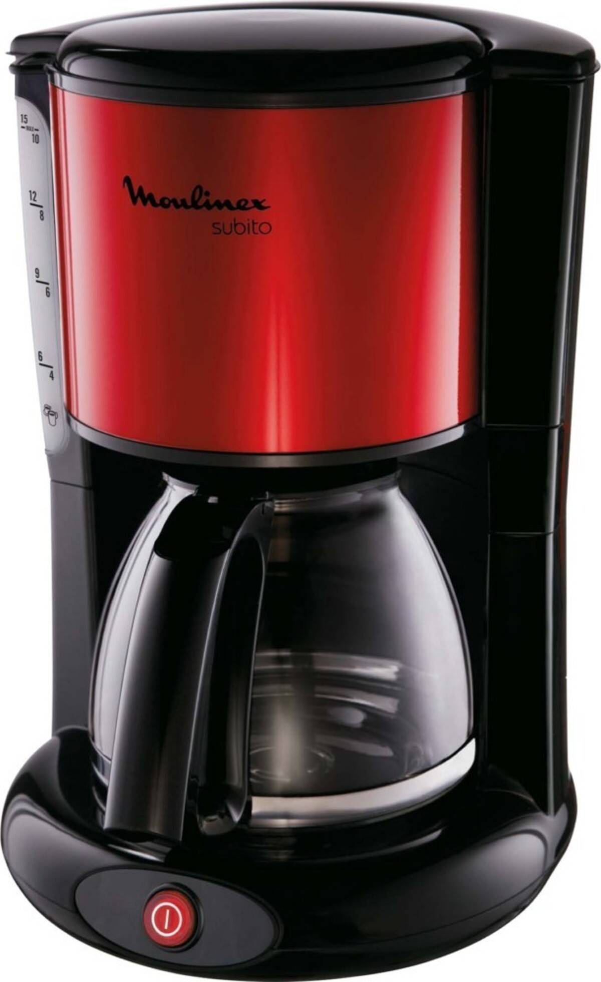 Rote und schwarze Moulinex-Tropfkaffeemaschine mit Glaskanne und vorderer Einschalttaste.