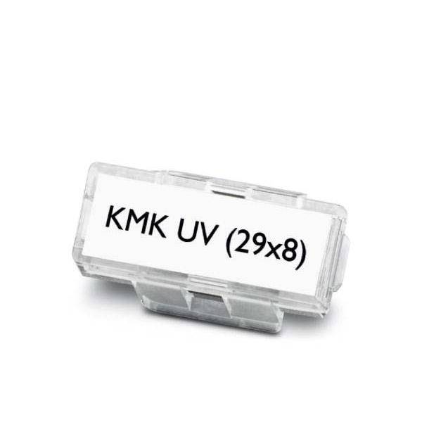 Ein transparenter rechteckiger Etikkettenhalter mit dem in fetten schwarzen Buchstaben gedruckten Text 'KMK UV (29x8)'.