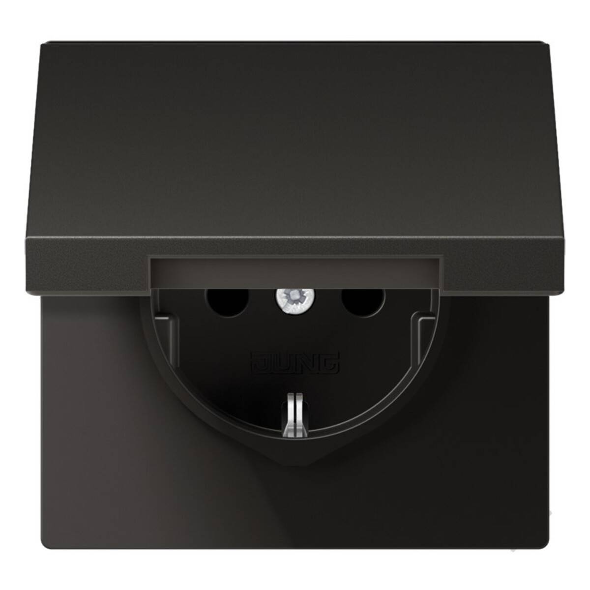 Schwarze Wandsteckdose mit Schutzabdeckung, Vorderansicht auf weißem Hintergrund.