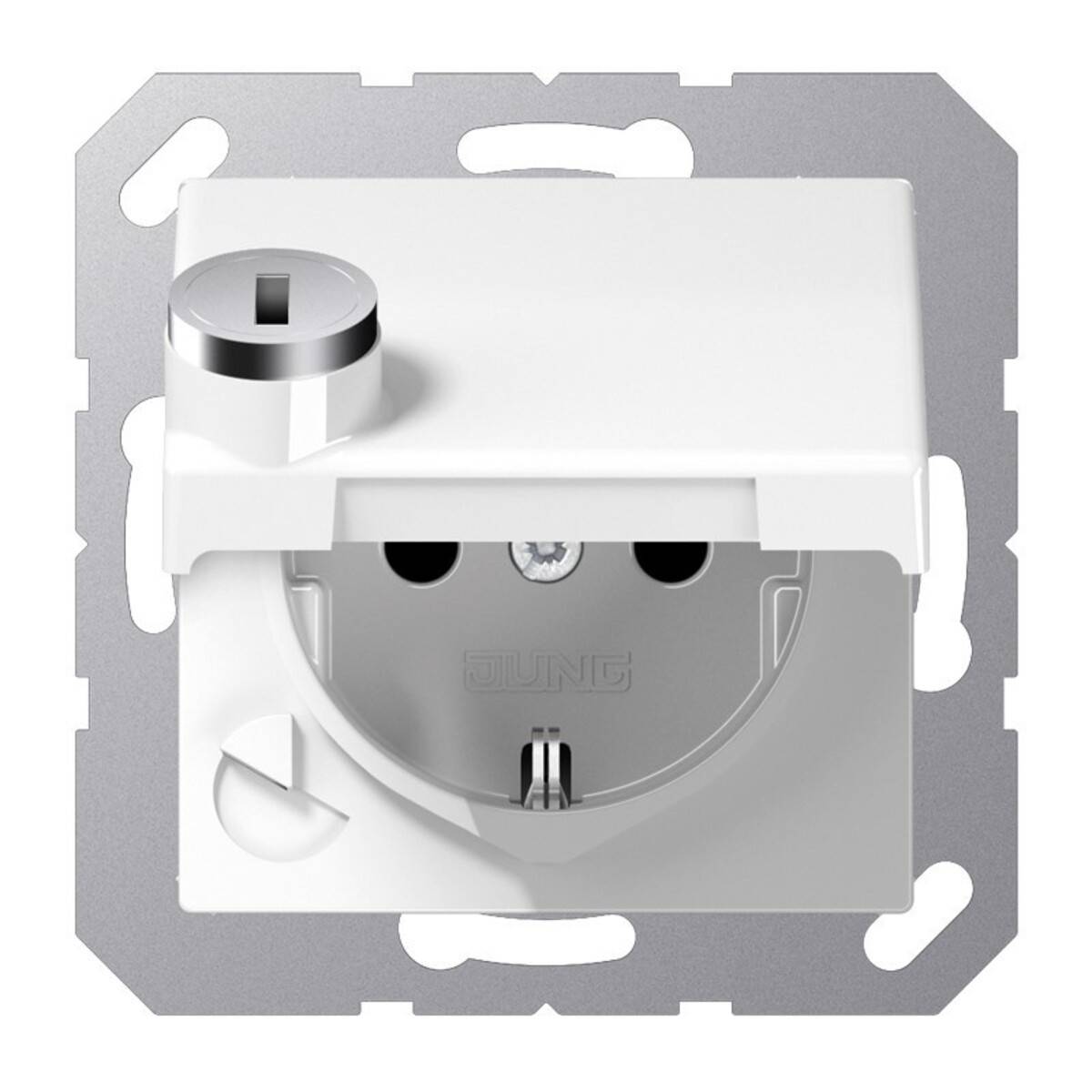 Weißes Elektro-Wandsteckdosen-/Schaltermodul mit einem chromfinish-Drehknopf in einem Metallrahmen montiert.