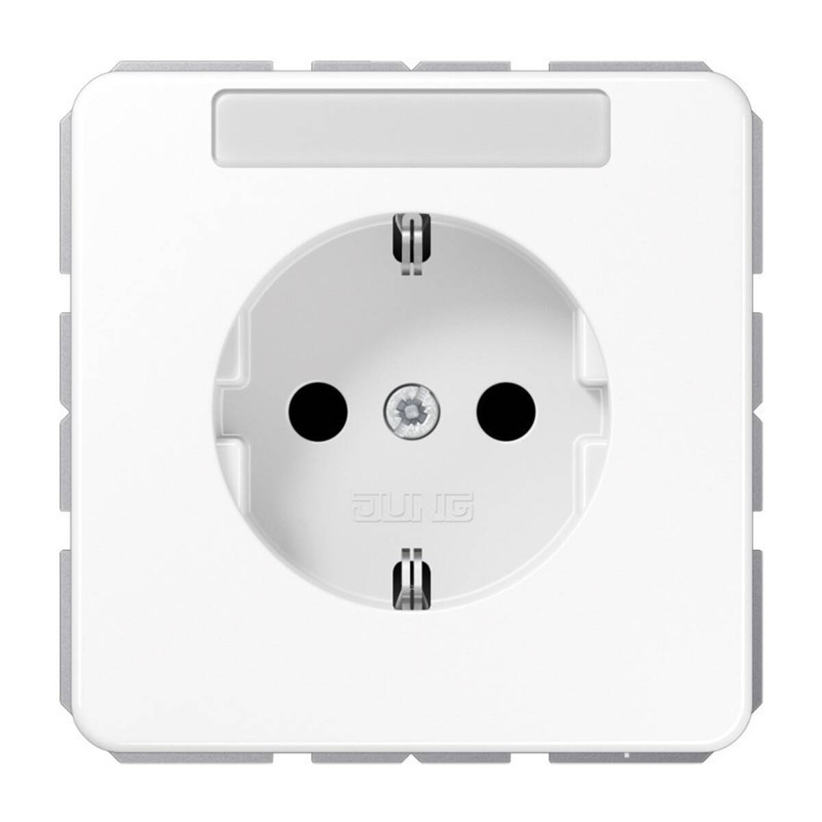 Weiße Wandsteckdose mit rundem europäischem Stecker und zwei Stiften, von vorne auf einfachem Hintergrund dargestellt.