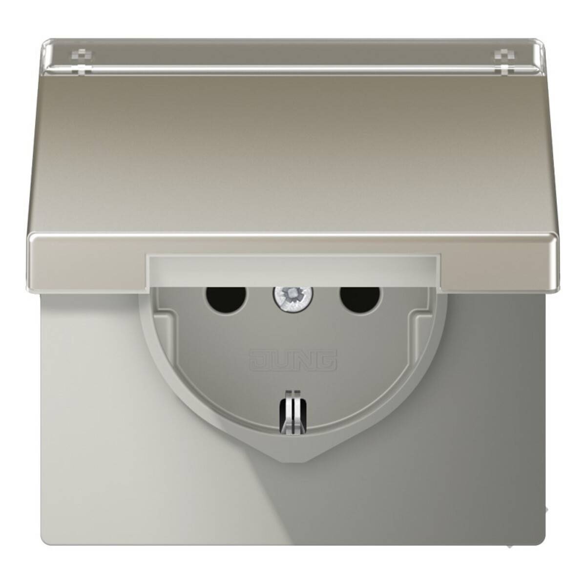 Frontansicht einer grauen elektrischen Wandsteckdose mit einem schwenkbaren Schutzdeckel, der zwei Steckplätze und eine zentrale Schraube zeigt.