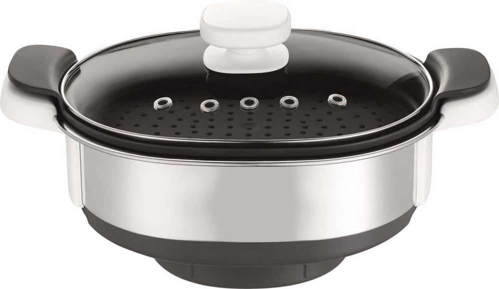 Edelstahl-Dampfgarer mit einem schwarzen Deckel, ausgestattet mit einem weißen kreisförmigen Griff und mehreren Dampfventilen auf der Oberseite.