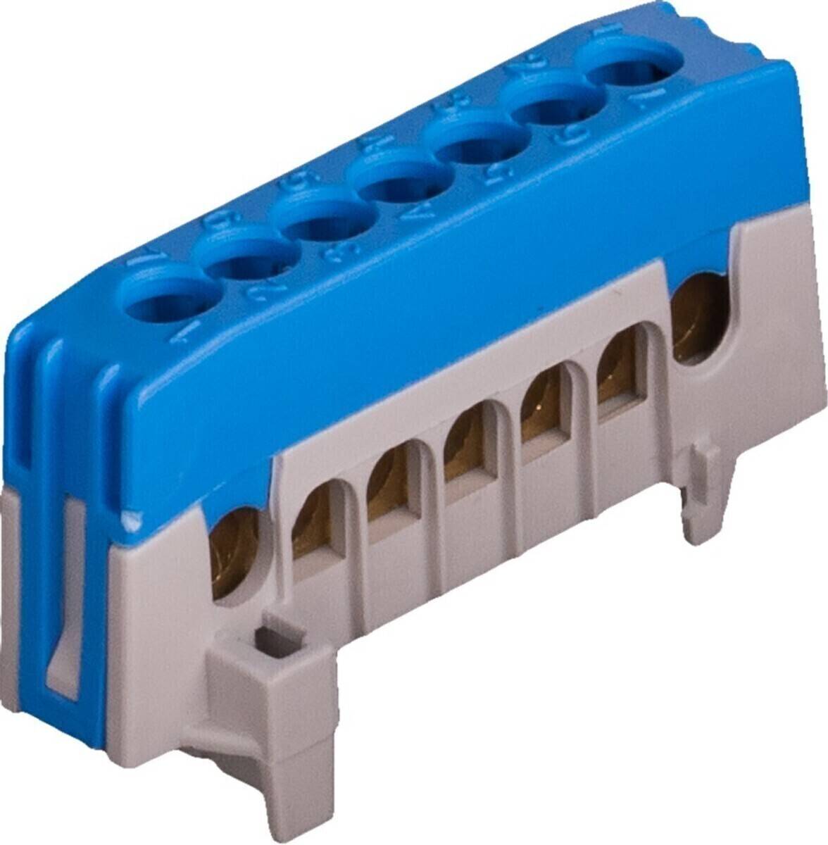 Ein blauer und grauer elektrischer Anschlussblock mit sechs Anschlusspunkten, der zum sicheren Anschließen von elektrischen Leitungen verwendet wird.