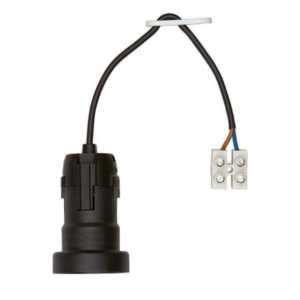 Eine schwarze Lampenfassung mit einem kurzen Kabel, das in einen Zweileiter-Klemmenblock endet, mit blauen und braunen Leitungen für elektrische Verbindungen.