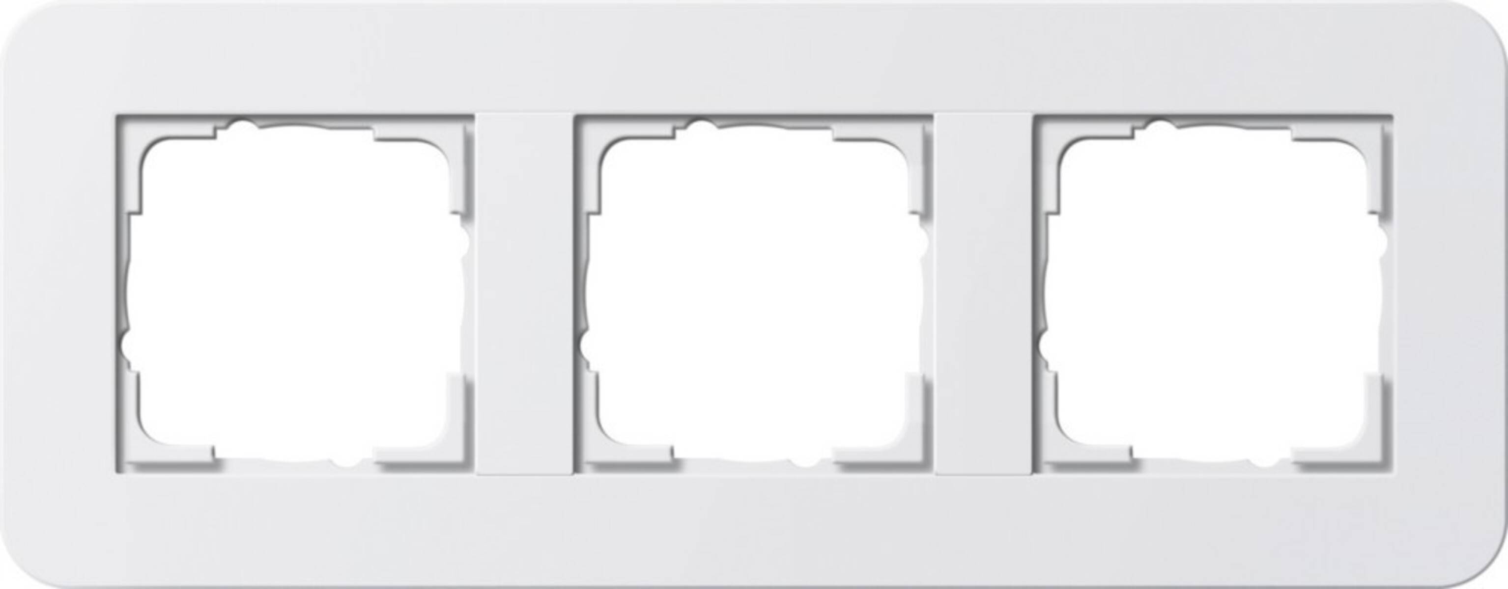 Drei leere quadratische Fotorahmen in einer Reihe auf einem hellgrauen abgerundeten rechteckigen Panel.