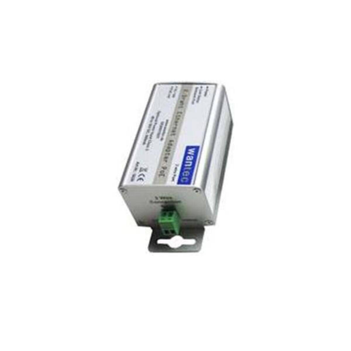 Kleines silbernes elektronisches Steuermodul mit grünem Terminalstecker und Montageklammer auf weißem Hintergrund.