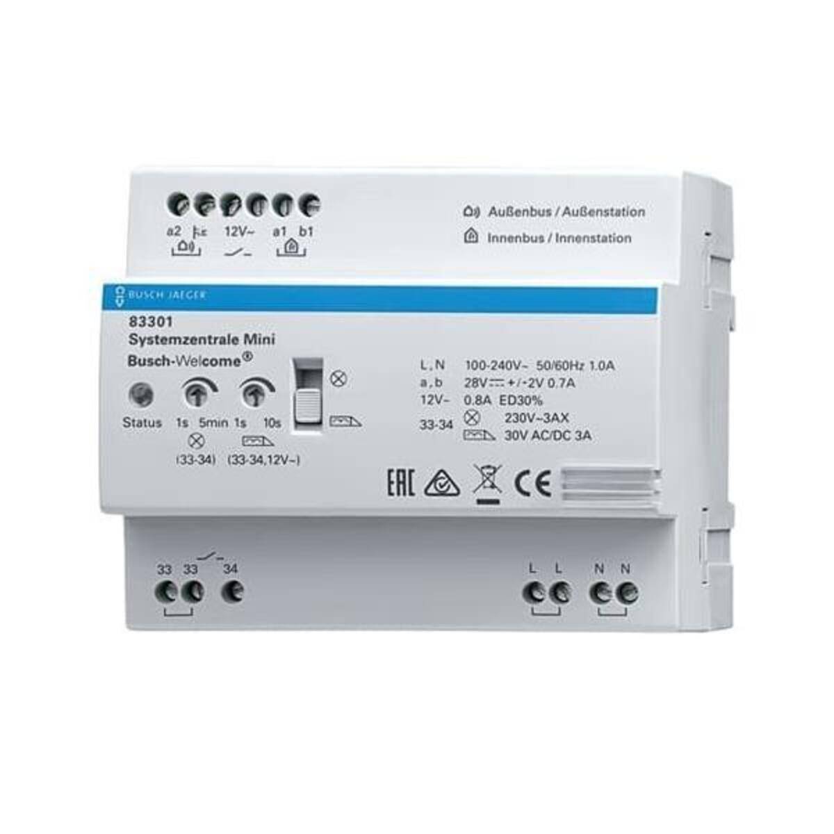 Busch-Jaeger 'Systemzentrale Mini' Gegensprechanlage-Steuergerät mit beschrifteten Anschlüssen und Status-LEDs, Frontansicht dargestellt.