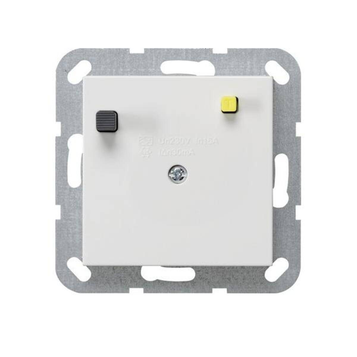 Ein quadratischer elektrischer Schalter mit einem schwarzen und einem gelben Knopf auf einer Metallbefestigungsplatte, der zum Testen oder Steuern von Schaltkreisen verwendet wird.