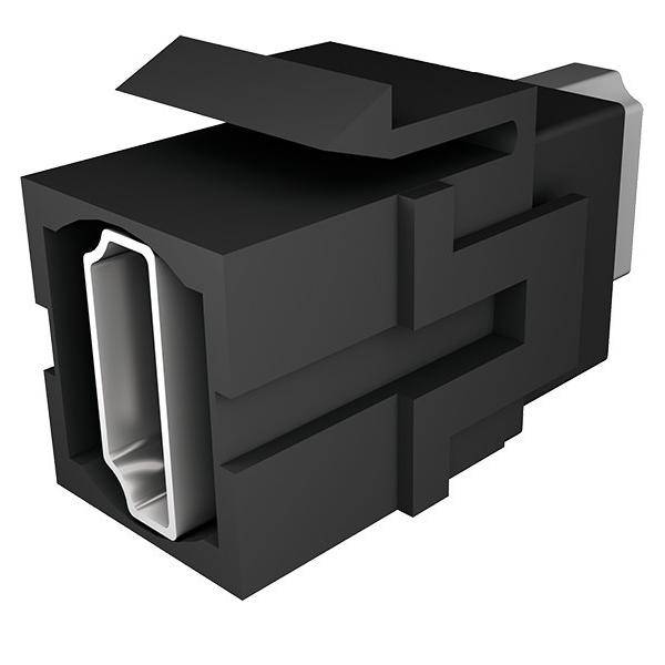 Ein schwarzer Automotive-Stecker in rechteckiger Form, der entwickelt wurde, um in einen bestimmten Steckplatz für elektronische Verbindungen in Fahrzeugen zu passen.