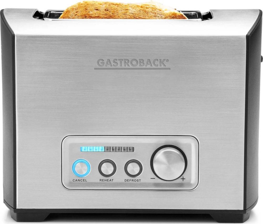 Ein Toaster aus Edelstahl mit herausspringender Scheibe. Funktionen umfassen Abbrechen-, Aufwärmen-, Auftau-Tasten, einen Drehknopf und LED-Anzeigen.