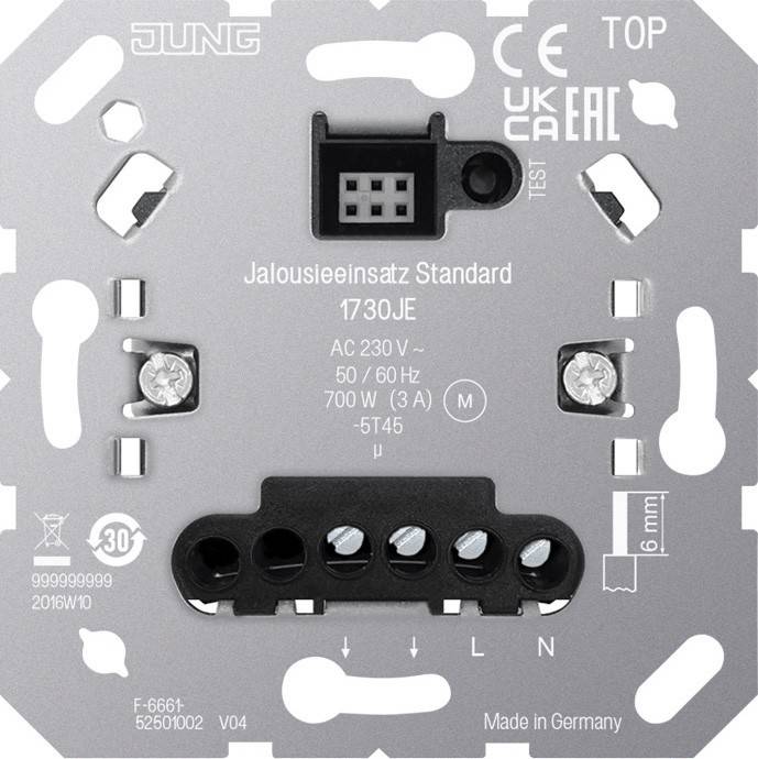 Zentrales elektrisches Gerät mit der Beschriftung 'Jalousieeinsatz Standard 1730JE', das Etiketten, Teilenummern und elektrische Spezifikationen zeigt.
