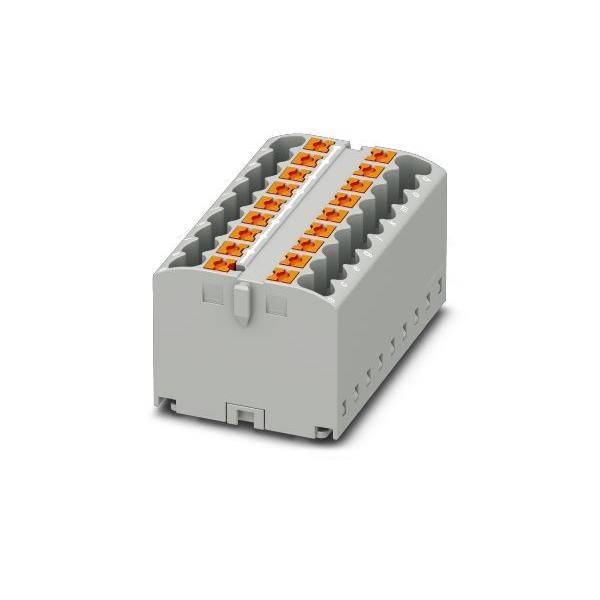 Grauer Elektrikverbindungsblock mit zwei Reihen orangefarbener Drahtverbinder, abgebildet auf weißem Hintergrund.